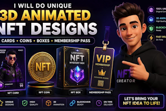 do unique 3d animated nft cards coins , box, membership pass