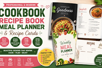 design a professional cookbook layout, recipe book, meal planner, recipe cards
