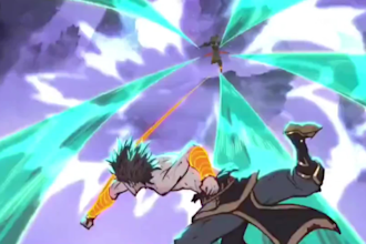 create 2d anime fighting scene in japanese anime style