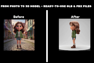 turn your character photo into a 3d model glb , fbx , ready