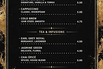 design a luxury dark and gold cafe and bar menu for upscale lounge