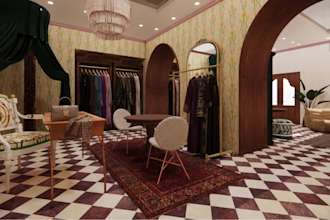 create a 3d realistic modern maximalist boutique interior for your brand