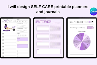 design self care planner, journal, and tracker in canva