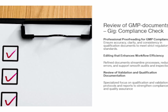 proofread and edit gmp sops, QA documents, and gmp compliance texts
