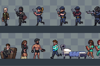 create 16bit, 32bit pixel art character, sprite sheet, top down pixel animation