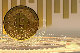 create realistic 3d gold crypto coin spinning loop, circuit board, custom chips
