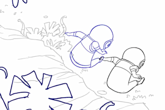 draw a storyboard with good staging, clear depth, dynamic, and excellent timing