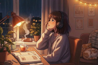 create lofi loop animation, loop animation music video cozy anime lofi animation