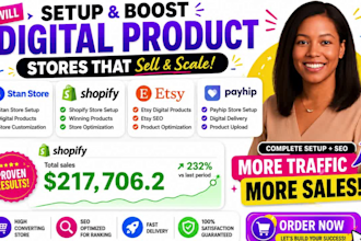 setup 7figure shopify digital product store, etsy shop, stan store digital store