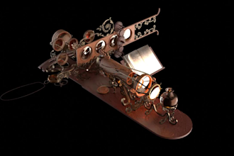 design game prop concept art with orthographic sheets and 3d blockout