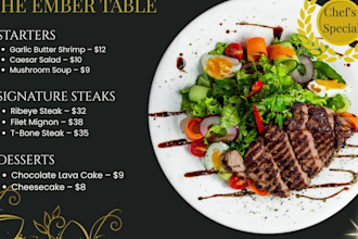 design a professional restaurant, cafe and cocktail menu