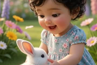 create cute baby with butterfly and bunny in garden video