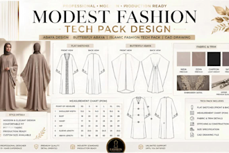 design modern abaya, butterfly abaya and islamic clothing tech pack cad drawing