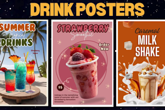 design 2 posters of food, burger, ice cream, juice,and restaurant menu in 6hours