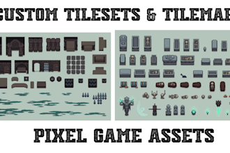 create pixel art game character, sprite sheets, animations, tilesets, UI and hud
