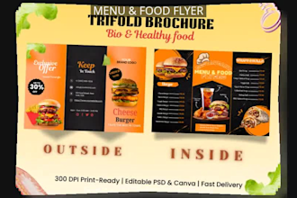 design professional food menu, restaurant trifold brochure, or food flyer