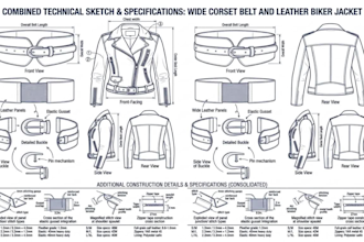 create tech pack for leather jacket leather wears glove and belt tech pack