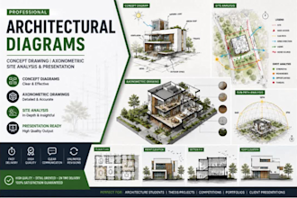 do architectural diagram, concept drawing, axonometric and site analysis