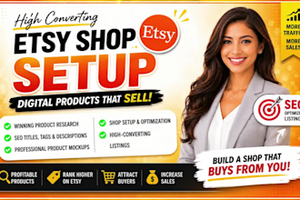 do etsy store setup, etsy digital product, listing, etsy seo, etsy store setup