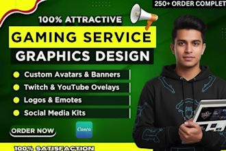 design gaming logo, social media graphic, mockups, lookbook, banner