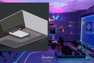 design 3d gaming room, home office and streaming room