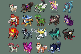 design pokemon pixel art, fakemon, trainer sprite sheet for rom hack, indie game