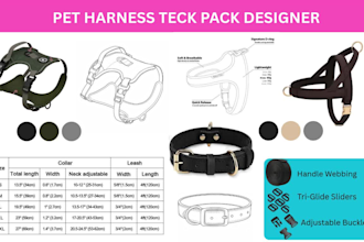 design a factory ready tech pack for pet accessories, dog harness and collars