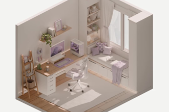 create photorealistic 3d isometric room or commercial space render