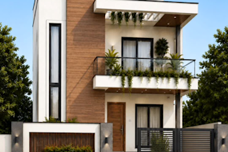 design a modern house elevation with realistic 3d exterior render