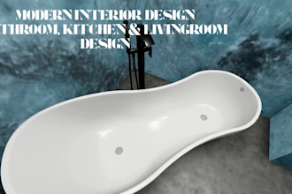 create 3d interior design for bathroom, kitchen, dining, bedroom, livingroom