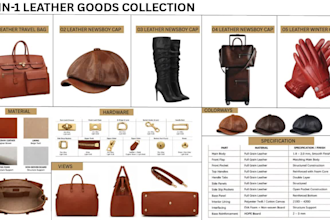 create leather goods tech pack for a leather handbag purse cap wallet and belt