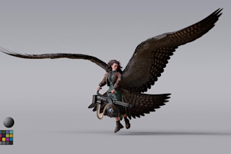 custom 3d hybrid human,fantasy creature character,unity model,feather grooming