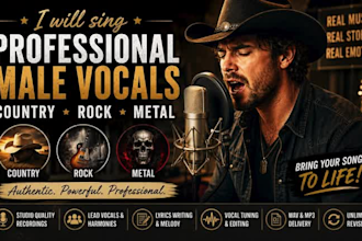 sing professional male country vocals, rock vocals edm