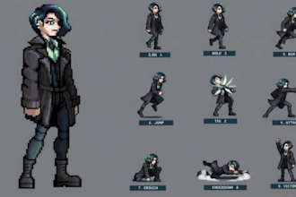 do pixel art sprite sheet 2d character for video game animation, game assets