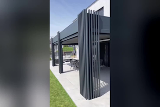 design a modern terrace pergola patio and outdoor living space in 3d