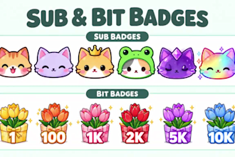 design custom twitch emotes, sub badges, bit badges and channel points