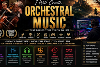 compose epic cinematic soundtrack, orchestral score, background music, tech hous