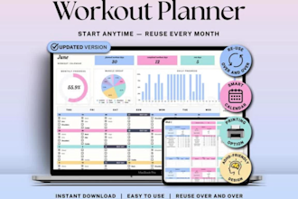 build fitness planner, tracker sheet, meal prep, gym workout , goals dashboard