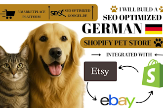 build a SEO optimized german shopify pet store integrated with etsy and ebay