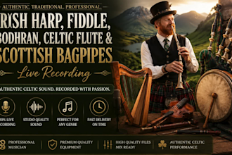 record authentic harp irish, irish fiddle bodhran, celtic flute scottish bagpipe