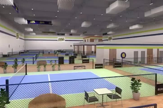 cgi sporting center walkthrough,3d pickleball court, stadium render, sport field
