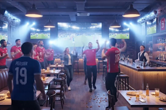 create a realistic 3d sports bar render with led screen display setup