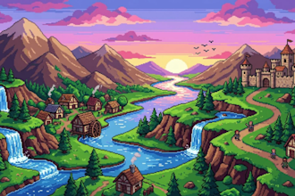 design 8bit or 16bit retro pixel art landscape illustration