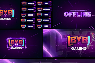 design twitch overlay, banner, logo and panels for channel
