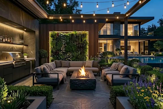 design 3d rendering backyard landscape, patio, pool, garden plan