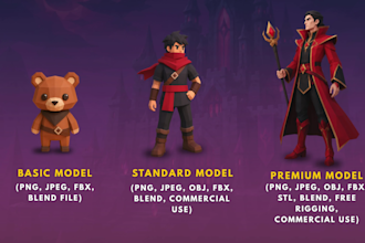 create 3d low poly character models, rigging, and animation for game assets
