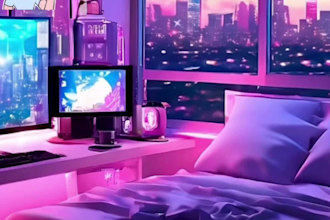 draw vtuber background for vtuber stream, art for game wallpaper in anime style