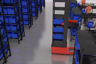 do 3d industrial warehouse agv robotic, conveyor technical explainer animation