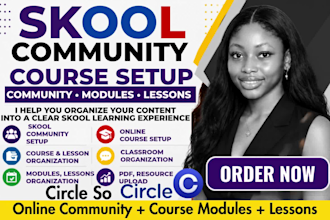 setup skool online community, setup skool online course modules and lessons