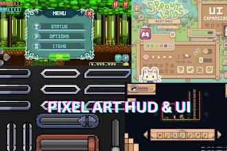 create pixel art game UI, hud, bars, frames and retro gui assets